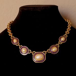 Vtg MONET Golden Rolo w Enamel Faux Pearl Round Rectange Link Pendant Necklace.